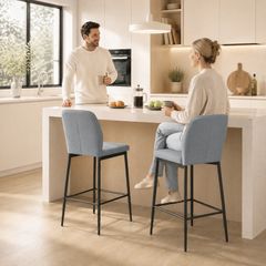 Set of 2 Velvet Bar Stools with Footrest and Backrest, Kitchen & Living Room Stools, Grey