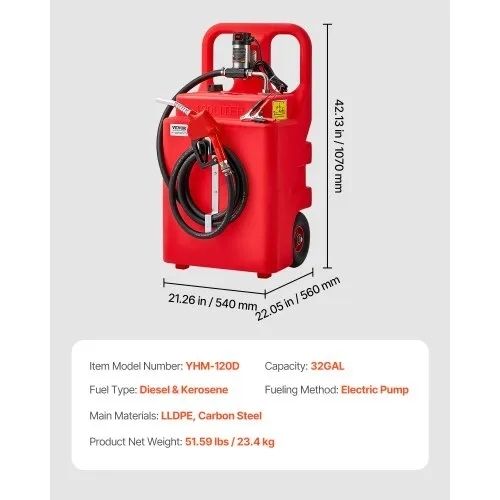 Diesel Transfer Tank, 32 Gallon, Portable Kerosene Tank with 12V DC 10GPM Electric Transfer Pump, 13 ft Delivery Hose & Self-sealing Nozzle