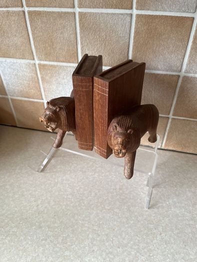 Handcarved Wooden Roaring Lions Bookends