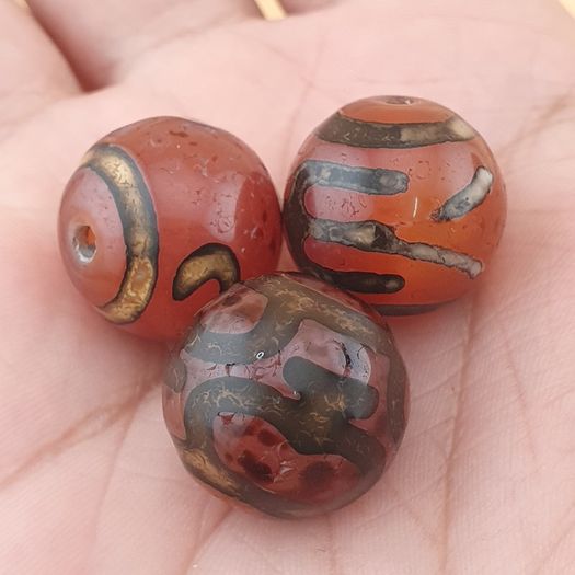 Vintage Lot of 3 Etched Carnelian Agate Unique Pattern Beads Lot