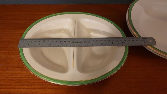 Vintage Divided Serving Bowl and a Matching Pair of Arklow Pottery Green and Gilt Rimmed 9.5" Rimmed Soup Bowls, Price for  All!