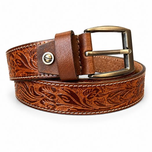 Unisex Genuine Leather Belt Vintage Embossed Design with Antique Buckle Casual & Formal Waist Belt