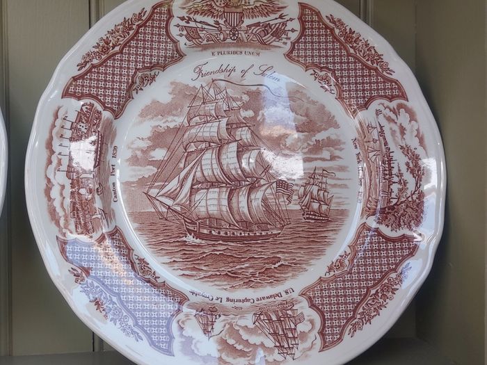 Vintage Set of Six Brown and White Fair Winds, Historical Scenes of Chinese Export to America - "The Friendship of Salem" Large Dinner Plates by Alfred Meakin