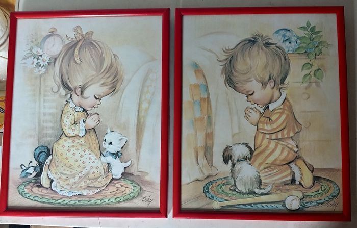 Two Vintage Coby Prints Boy Girl Praying