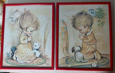 Two Vintage Coby Prints Boy Girl Praying