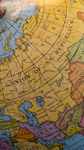 Vintage USSR Era World Globe Orange Meridian International Flag Base