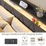 King Bed Frames with 5ft Upholstered Wooden Two-shelf Storage Headboard, Charging Station,LED Lights Grey Image 3