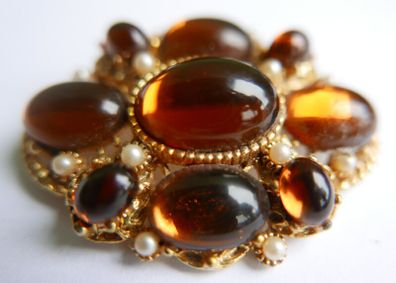 Vintage 1980s SPHINX Brown Cabochon and Pearl Brooch
