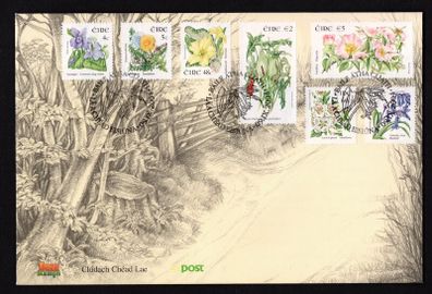 2004 Ireland Irish Wild Flowers Definitive Stamps ( 4c Common dog-violet, 5c Dancdlion, 48c Primrose, 60c Hawthorn, 65c Bluebell, E2 Lords-and-ladies, and E5 Dog Rose) An Post First Day Cover (FDC)