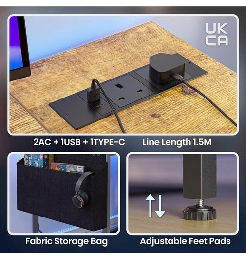 L Shaped Gaming Desk with LED Lights & Power Outlets, 120 x 80cm Corner Computer