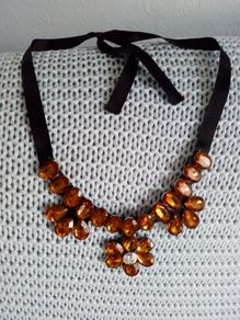 Orange Floral Glass Necklace on a Black Ribbon