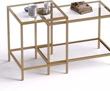 Nesting Tables, Set of 2 End Table, Coffee Tables, Side Table with Metal Frame for Living Room/Bedroom/Balcony/Office/Apartment, Diameter 60/40 cm (Gold Frame, Glass Top)
