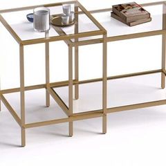 Nesting Tables, Set of 2 End Table, Coffee Tables, Side Table with Metal Frame for Living Room/Bedroom/Balcony/Office/Apartment, Diameter 60/40 cm (Gold Frame, Glass Top)