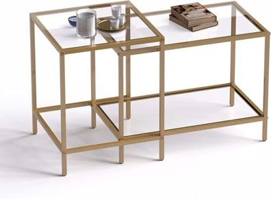 Nesting Tables, Set of 2 End Table, Coffee Tables, Side Table with Metal Frame for Living Room/Bedroom/Balcony/Office/Apartment, Diameter 60/40 cm (Gold Frame, Glass Top)