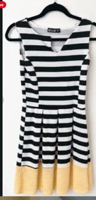 Chic Monochrome y2k Stripe Dress with Lemon Hem UK 12