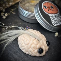 Supporting Mental Health Cool Mohawk Brain with Black Eyes Decor Oddity Keyring Neurology Biology