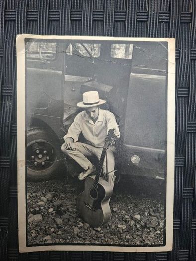 Vintage Bob Dylan black and white framed postcard with inscription