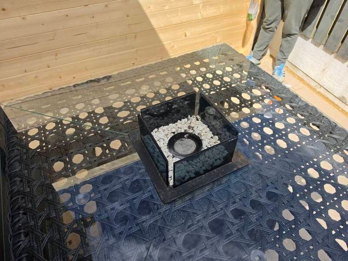 Rattan garden corner sofa with rattan gas firepit table