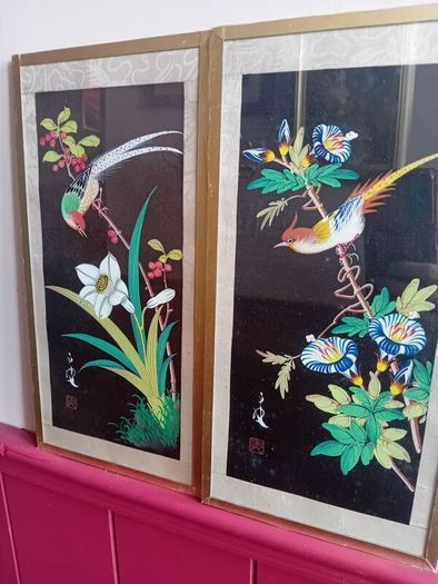 A Pair of mid century painted silk panels