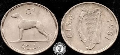 [#976] - Ireland 1961 | 6 Pence | Wolfhound | KM.13a | aUNC
