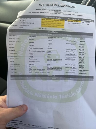 VW Golf 1.9TDI - Running/Driving - NCT Fail