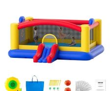 Inflatable Bounce House, Outdoor High Quality Playhouse Trampoline, Jumping Bouncer with Blower, Slide, and Storage Bag, Family Backyard Bouncy Castle, for Kid Ages 3 to10 Years, 177x173x80 inch