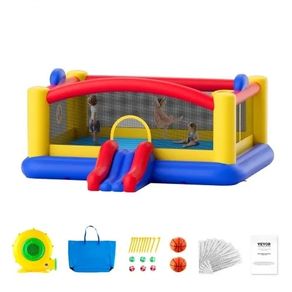 Inflatable Bounce House, Outdoor High Quality Playhouse Trampoline, Jumping Bouncer with Blower, Slide, and Storage Bag, Family Backyard Bouncy Castle, for Kid Ages 3 to10 Years, 177x173x80 inch