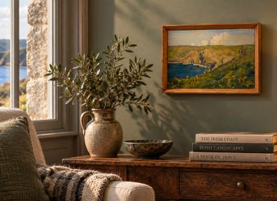 Original Oil on Canvas Painting Coastal Cliffs & Cove Seascape Unsigned Framed