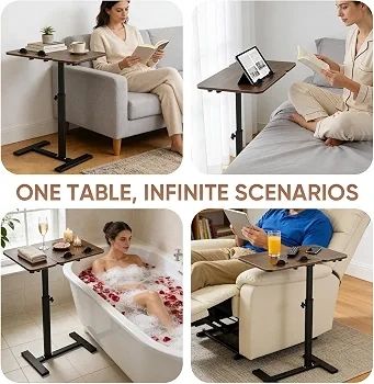 Overbed Bedside Table with Wheels, 60x40cm Split Tilting Tabletop, Height Adjustable Bedside Laptop Desk, Sofa Side Tray Table, Rolling C-Shaped Computer Stand for Bed Sofa Hospital Home, Walnut