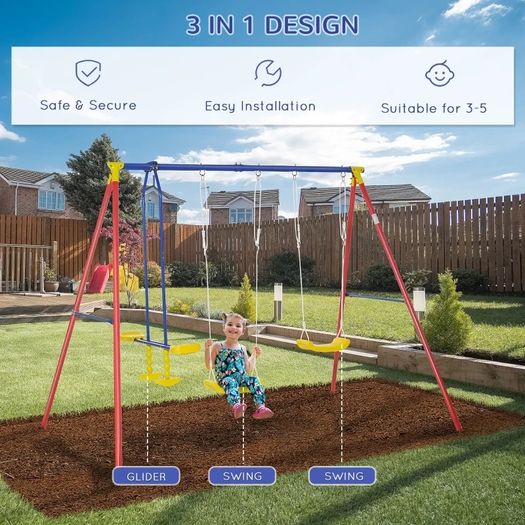 Metal Swing Set with 2 Seats Glider A-Frame Stand Adjustable Hanging Rope for Backyard (FREE SHIPPING)