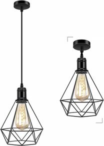 Pendant Light Black Metal Cage Ceiling Hanging Lamp Adjustable Basket Pendant Lighting for Kitchen Island Bedroom Bar Cafe Hallway, Metal E27 Lampholder, Larger Cage