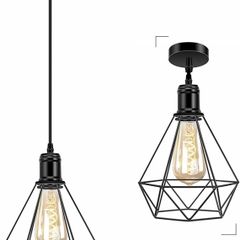 Pendant Light Black Metal Cage Ceiling Hanging Lamp Adjustable Basket Pendant Lighting for Kitchen Island Bedroom Bar Cafe Hallway, Metal E27 Lampholder, Larger Cage