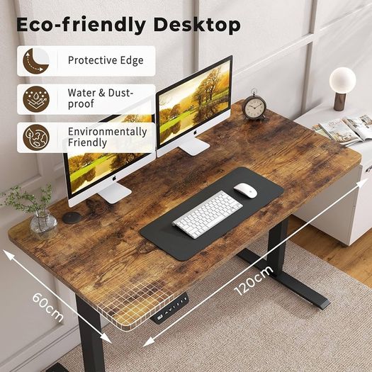 Electric Standing Desk Height Adjustable 120 x 60cm Sit to Stand Desk Stand up Desk Computer Work Desk for Home Office Black Frame/Rustic Brown Table Top