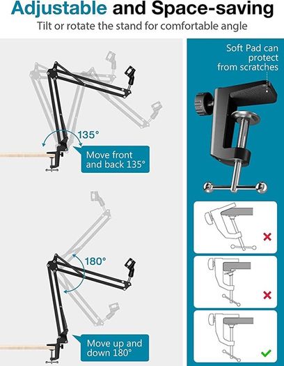 Microphone Stand Mic Arm Micro Boom Arm with 3/8" to 5/8" Screw Adapter, Mic Clip Holder, for HyperX QuadCast, Blue Snowball, Blue Snowball ICE, Blue Yeti, Blue Yeti X, Blue Yeti Pro (FREE POSTAGE)