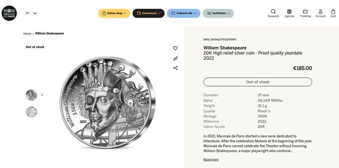 France 20 Euro 1oz Silver (.999) Proof (High Relief) Coin 2022 - William Shakespeare - Litterature