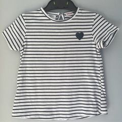 Zara white & navy stripe girls T-shirt with heart sequins Age  3-4 EUC