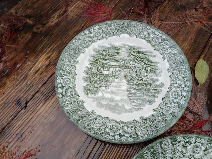 Green plates,  British Anchor, green transferware, green delph