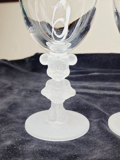 Vintage Disney Mickey & Minnie Mouse Frosted Figural Stem Glasses Made in Japan Set of 2