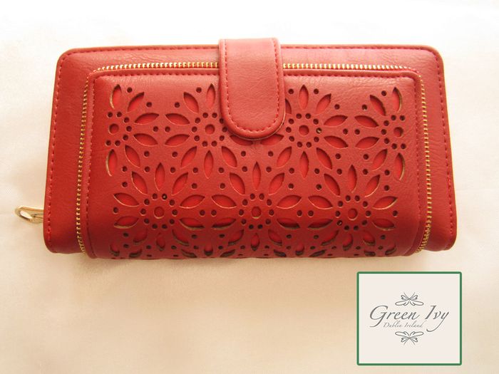 Large Fashion Red Purse Multi compartments with flowers design