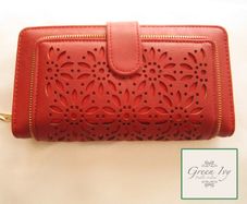 Large Fashion Red Purse Multi compartments with flowers design