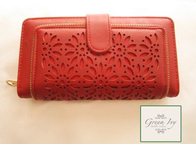 Large Fashion Red Purse Multi compartments with flowers design