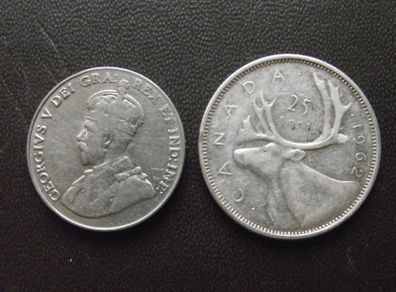Canada 2 Coins: 5 Cents (1929) & 25 Cents (1962)