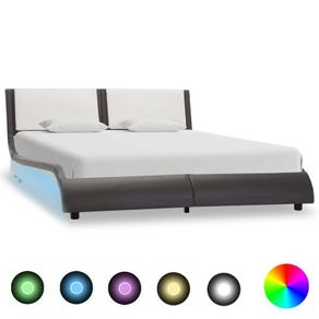 Bed Frame with LED Grey and White Faux Leather 135x190 cm