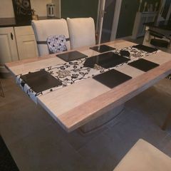 Marble table with 4 cream leather chairs