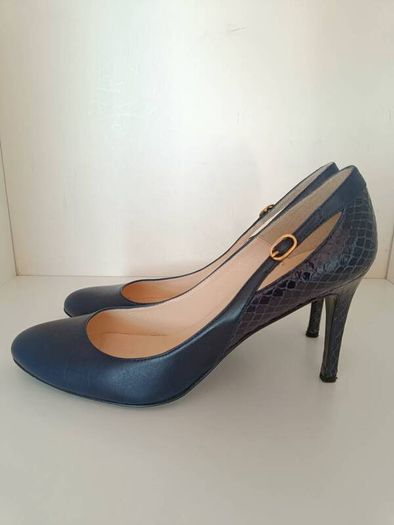 L.K. Bennett London Navy Leather & Croc-Effect Heels - EU 40