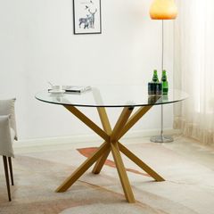 Round Glass Dining Table Set with 4 Faux Leather