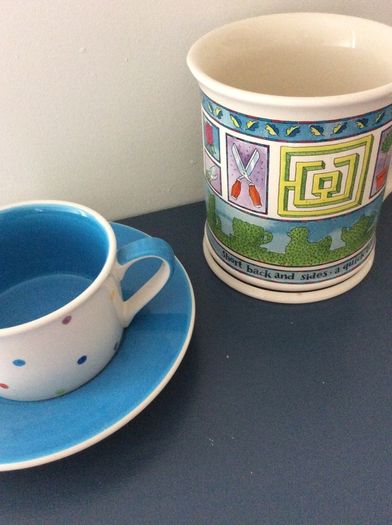 A Large Whittard of Chelsea  Tankard Mug " A Short Back and Sides - A Quick Trim" and a blue polka dot tea cup and matching saucer