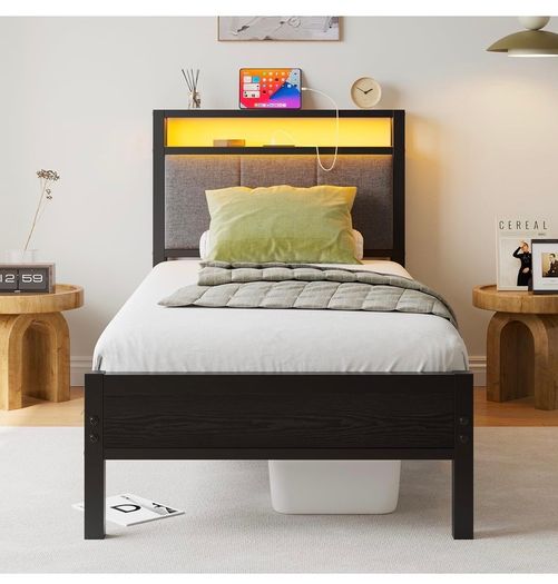 3FT Single Bed Frame with Storage Headboard, Black Metal Single Bed with Upholstered Headboard, LED Lights and Charging Station, Heavy Duty Metal Slats Support,Easy Assembly