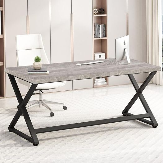 Gray Computer Desk Modern Writing Study for Home Office Industrial Wooden Metal Executive Work Simple Pc Gaming Laptop Workstation Table in Bedroom Light Grey Oak 140 CM