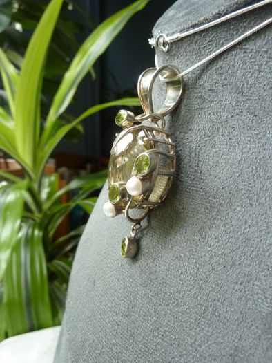 Large Modern Statement Citrine, Peridot & Pearl Pendant with Chain. Sterling Silver
